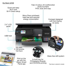 Epson L8100 All-in-One Photo Printer – Print, Scan, Copy, Wi-Fi, USB, PVC/CD Printing, LCD, C11CK37405
