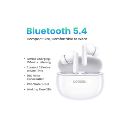 UGREEN HiTune P3 True Wireless Earbuds – Bluetooth 5.2, Low Latency Audio, ENC Noise Reduction – White (WS207)