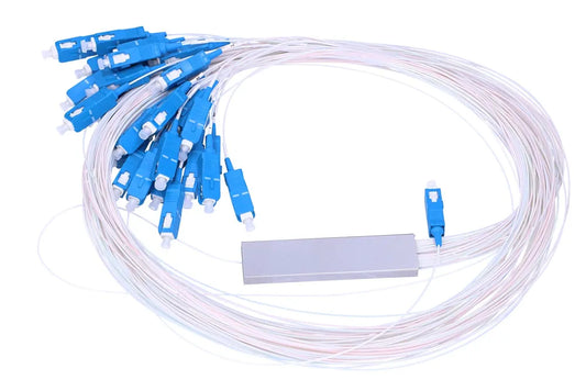 PLC Splitter 1*32 module type 2.0mm PVC fiber jacket G657A1 with SC/UPC connectors 1m fibre length ABS box size 120mm * 80mm * 18mm